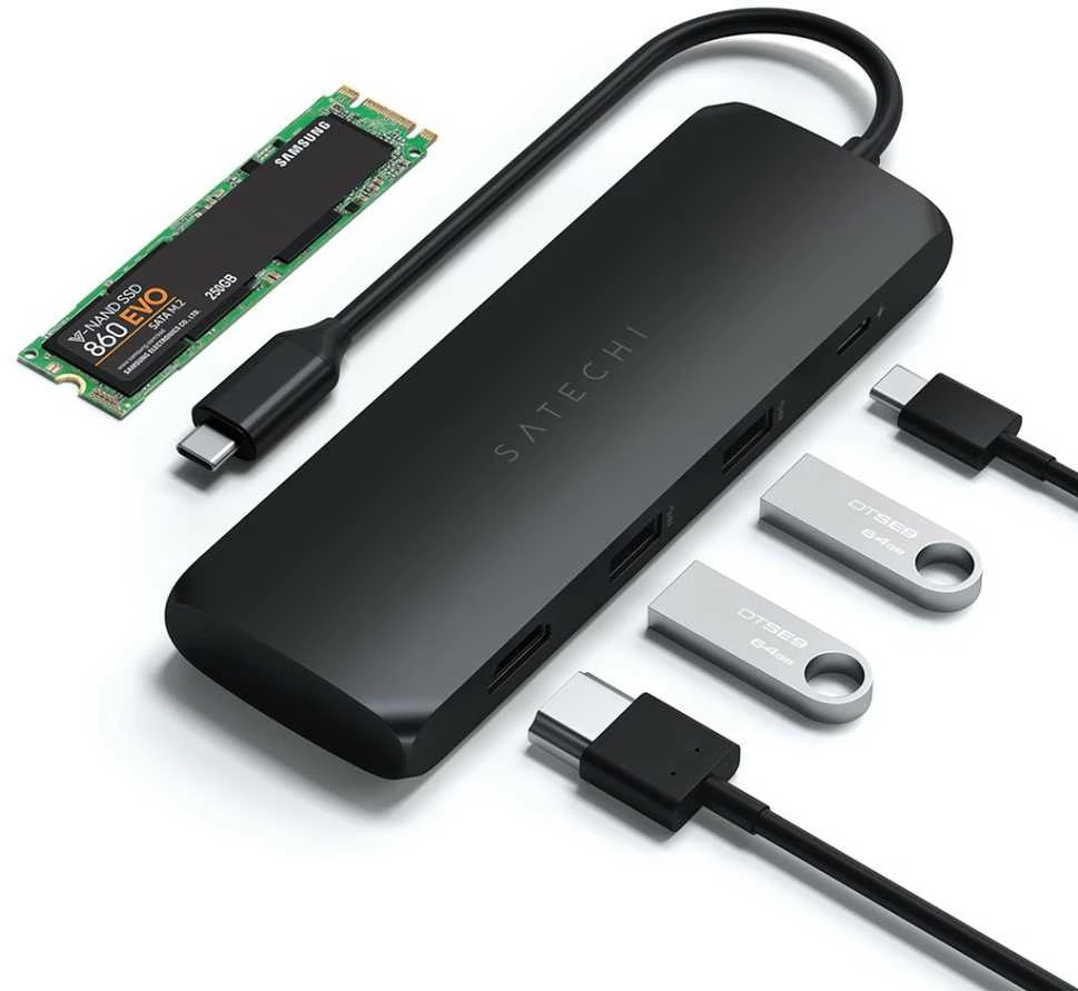 Adapteris USB Satechi SATECHI USB-C hibridinis kelių prievadų adapteris su SSD korpusu Juodas | MacBook M1 M2