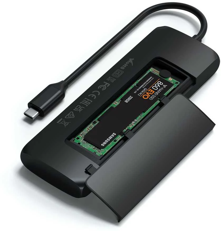 Adapteris USB Satechi SATECHI USB-C hibridinis kelių prievadų adapteris su SSD korpusu Juodas | MacBook M1 M2
