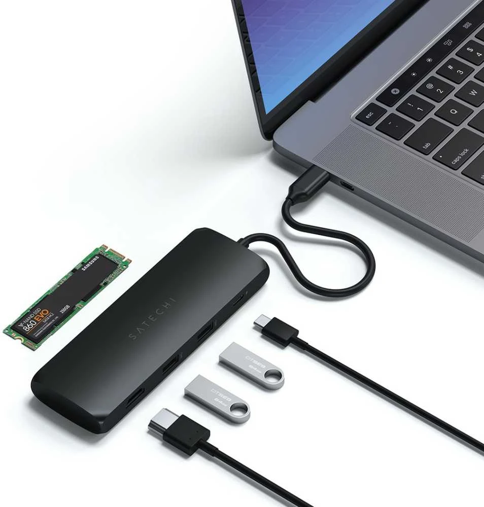 Adapteris USB Satechi SATECHI USB-C hibridinis kelių prievadų adapteris su SSD korpusu Juodas | MacBook M1 M2
