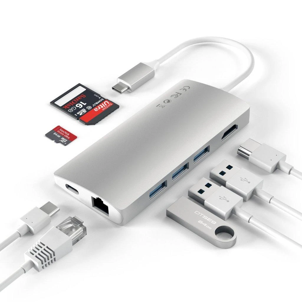 „Satechi Aliumini Adapteris V2 USB-C“ (USB-C, 3x USB-A, 4K HDMI, mikro / SD kortelių skaitytuvas, Ethernet) (pilka erdvė)