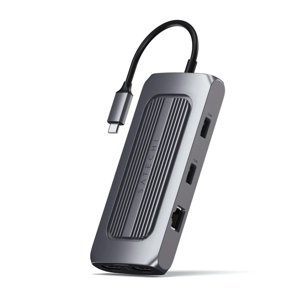 Satechi USB-C adapteris, pilkas korpusas su USB ir HDMI jungtimis