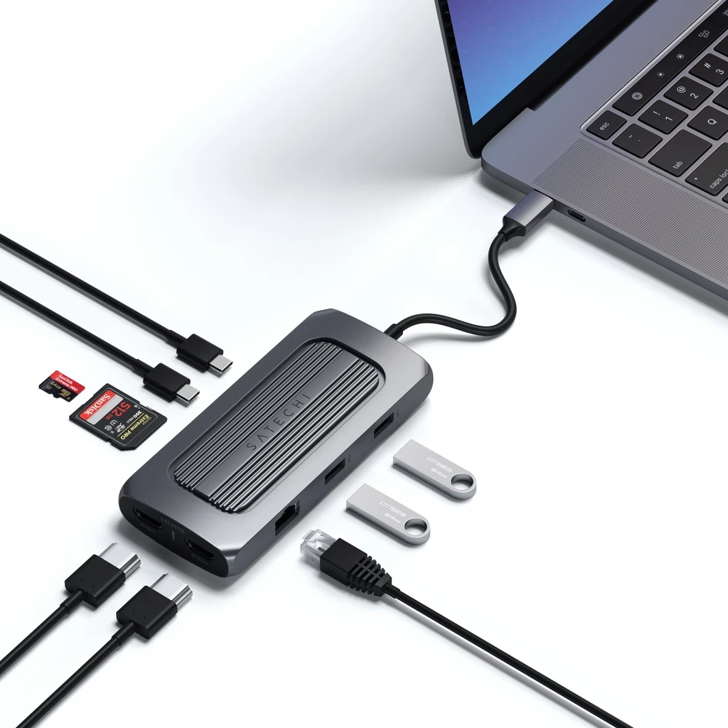 „Satechi“ kelių prievadų adapteris USB-C (2 x USB-C, 2 x USB-A, 2 x 4K HDMI, mikro / SD kortelių skaitytuvas, eternetas) (pilka erdvė)