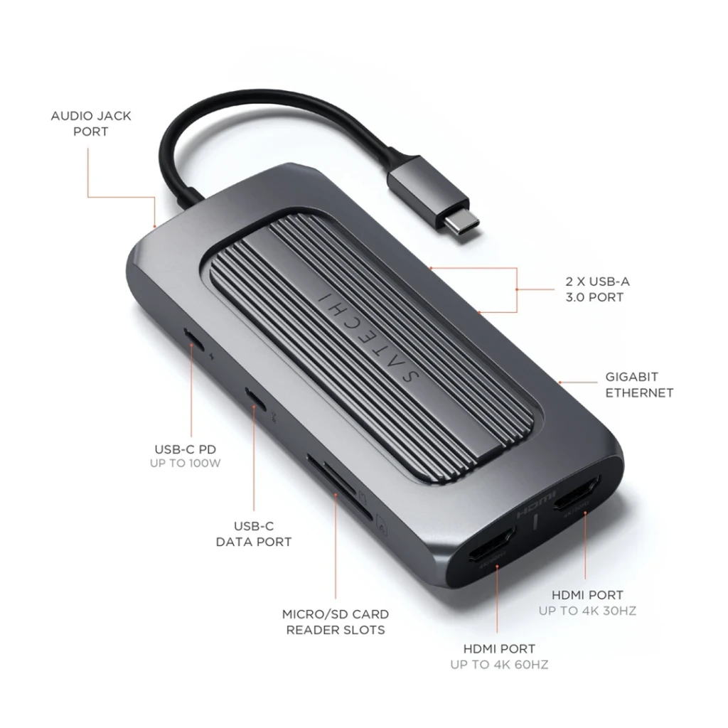 „Satechi“ kelių prievadų adapteris USB-C (2 x USB-C, 2 x USB-A, 2 x 4K HDMI, mikro / SD kortelių skaitytuvas, eternetas) (pilka erdvė)