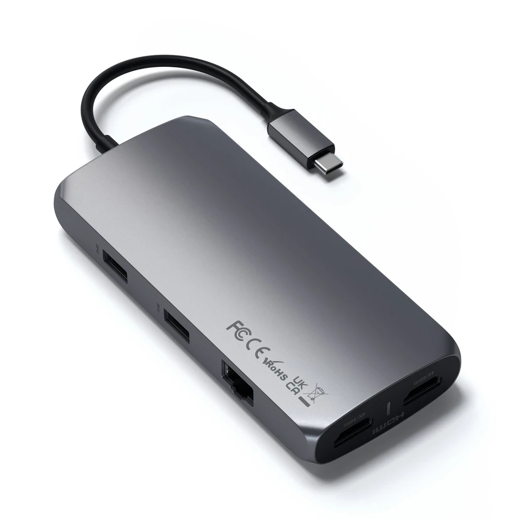 „Satechi“ kelių prievadų adapteris USB-C (2 x USB-C, 2 x USB-A, 2 x 4K HDMI, mikro / SD kortelių skaitytuvas, eternetas) (pilka erdvė)