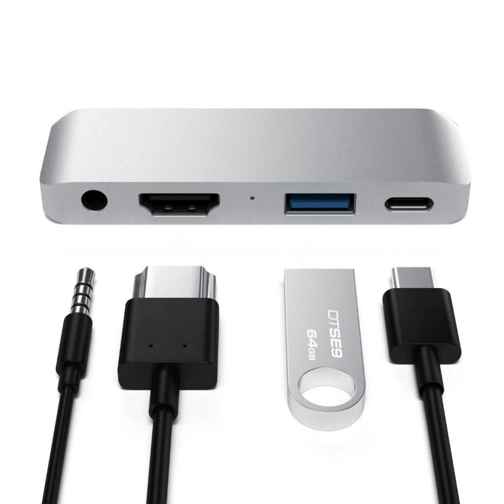 Satechi Aliuminio Mobile Pro Hub USB-C (USB-C 60W, 4K HDMI, USB-A 3.0, jack port) (sidabrinė)