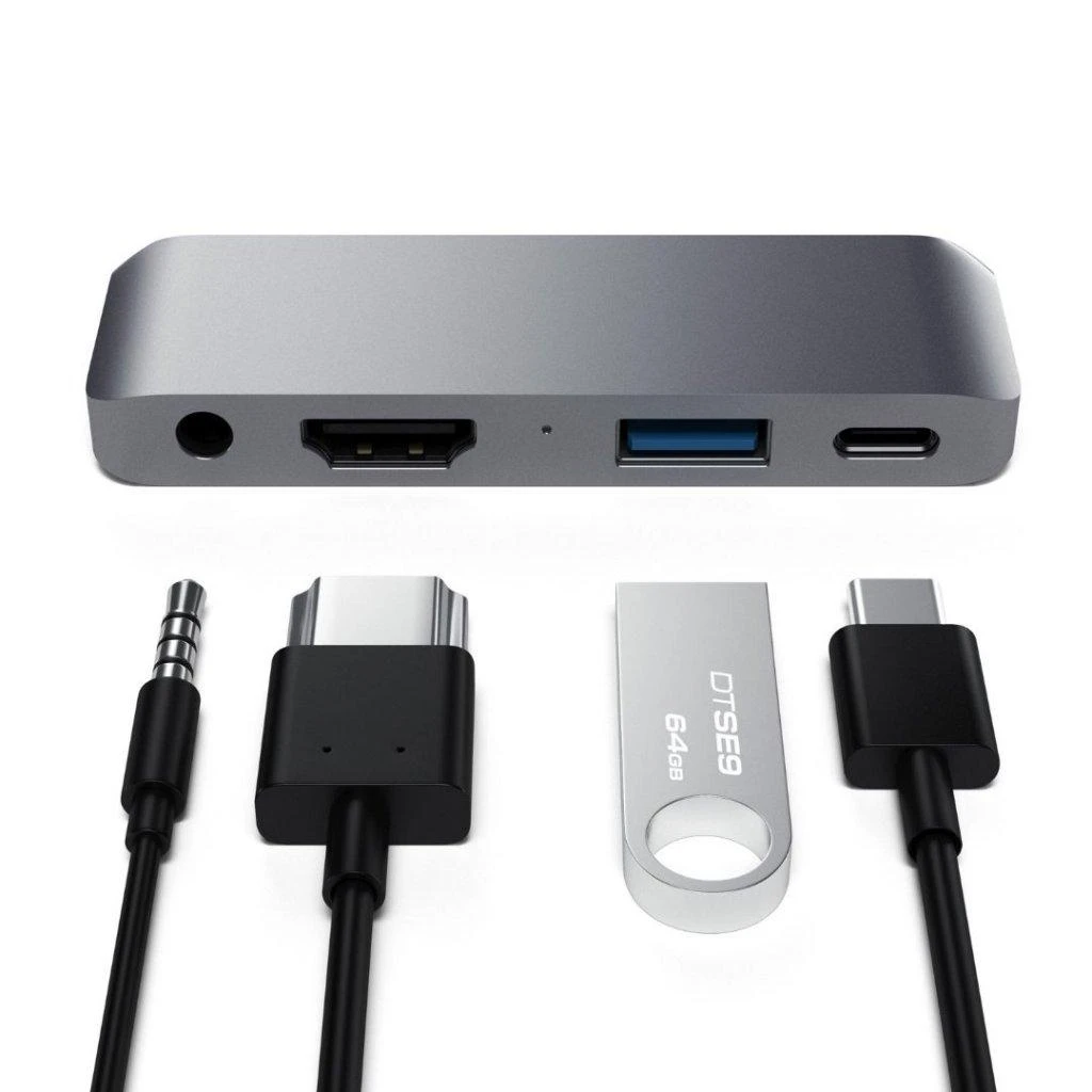 Satechi Aliuminio Mobile Pro Hub USB-C (USB-C 60W, 4K HDMI, USB-A 3.0, jack port) (sidabrinė)