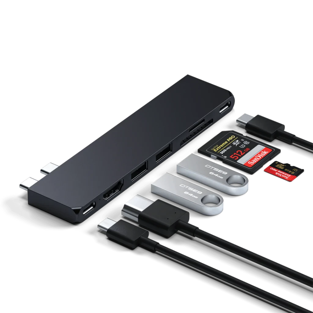 Adapteris ŠAKA 7in1 2 x USB C Satechi Pro HUB Slim ST-HUCPHSD MacBook vidurnakčio spalvos