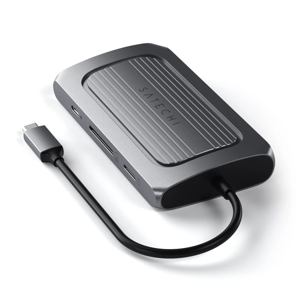 „Satechi“ kelių prievadų adapteris USB-C (USB-C4, 3x USB-A, 8K HDMI, eternetas, mikro / SD kortelių skaitytuvas, lizdo prievadas) (tarpinis pilkas)