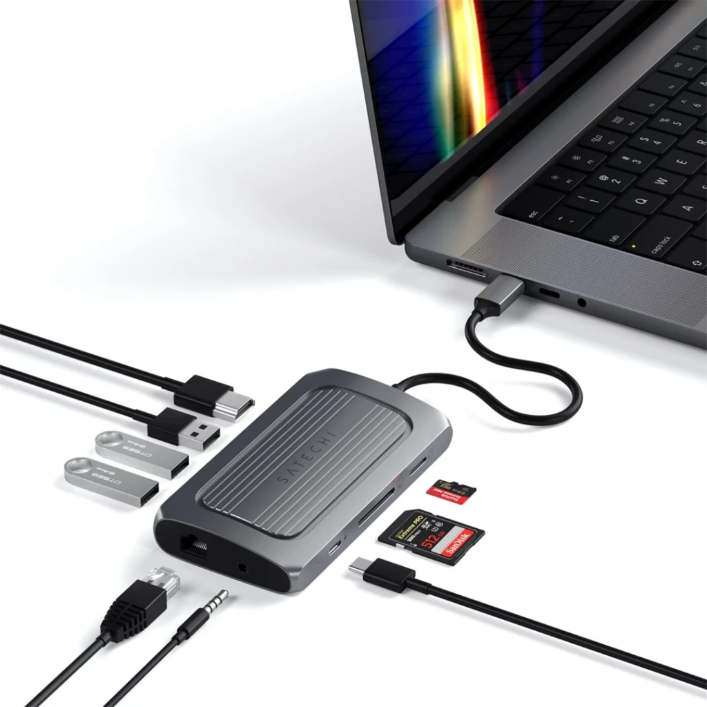 „Satechi“ kelių prievadų adapteris USB-C (USB-C4, 3x USB-A, 8K HDMI, eternetas, mikro / SD kortelių skaitytuvas, lizdo prievadas) (tarpinis pilkas)