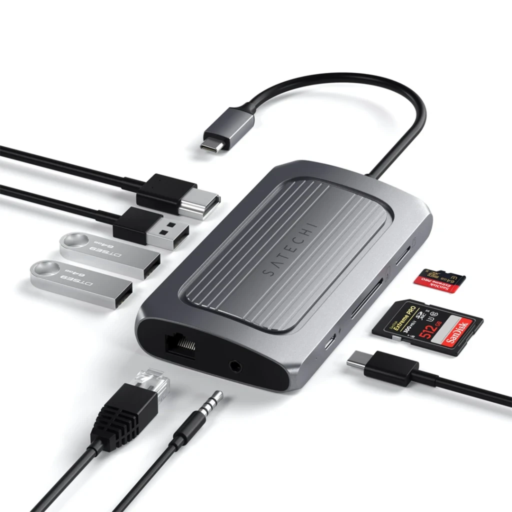 „Satechi“ kelių prievadų adapteris USB-C (USB-C4, 3x USB-A, 8K HDMI, eternetas, mikro / SD kortelių skaitytuvas, lizdo prievadas) (tarpinis pilkas)