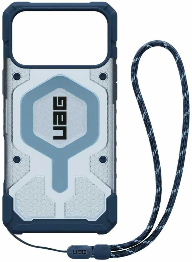 Dėklas Urban Armor Gear UAG Pathfinder Magsafe mėlynas skaidrus dirželis iPhone 17 Pro Max telefonui