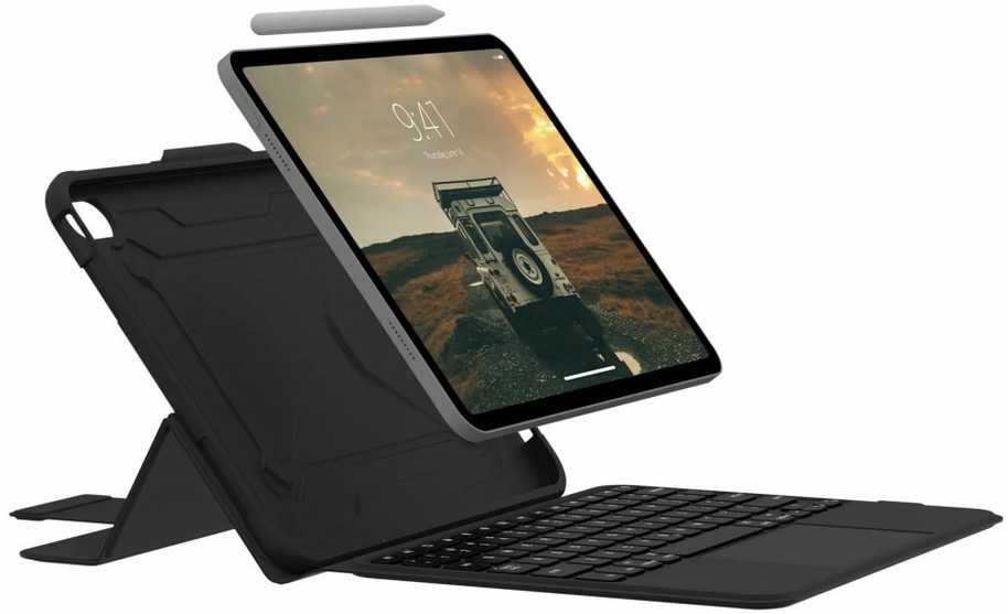 Urban Armor Gear 4Kom UAG klaviatūros dėklas su integruotu jutikliniu skydeliu, skirtas „iPad 10.9“ ir „11“ – karinio lygio apsauga ir atspari išsiliejimui klaviatūra – juodas