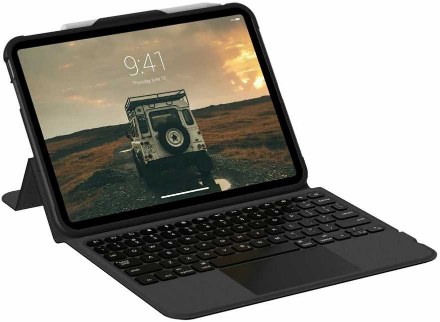 Urban Armor Gear 4Kom UAG klaviatūros dėklas su integruotu jutikliniu skydeliu, skirtas „iPad 10.9“ ir „11“ – karinio lygio apsauga ir atspari išsiliejimui klaviatūra – juodas