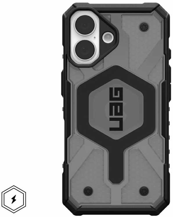 Dėklas „Urban Armor Gear“ „UAG Pathfinder Clear“ su „MagSafe“, skirtas „iPhone 16“ – pelenų spalvos