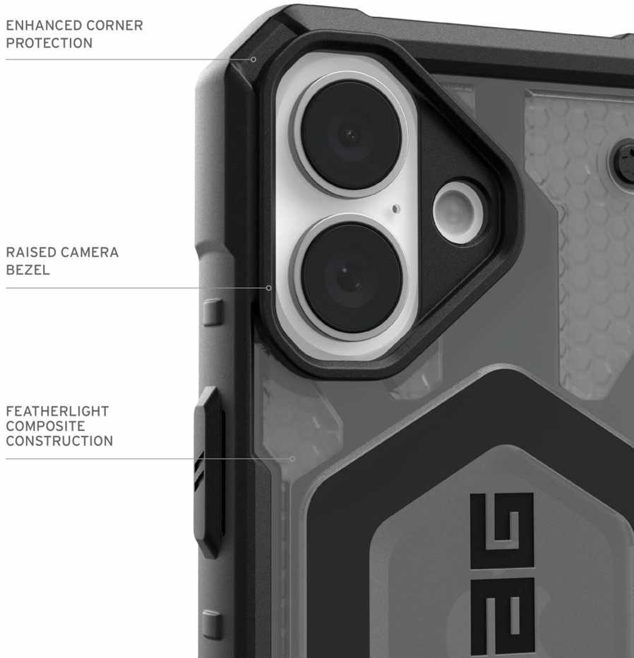 Dėklas „Urban Armor Gear“ „UAG Pathfinder Clear“ su „MagSafe“, skirtas „iPhone 16“ – pelenų spalvos
