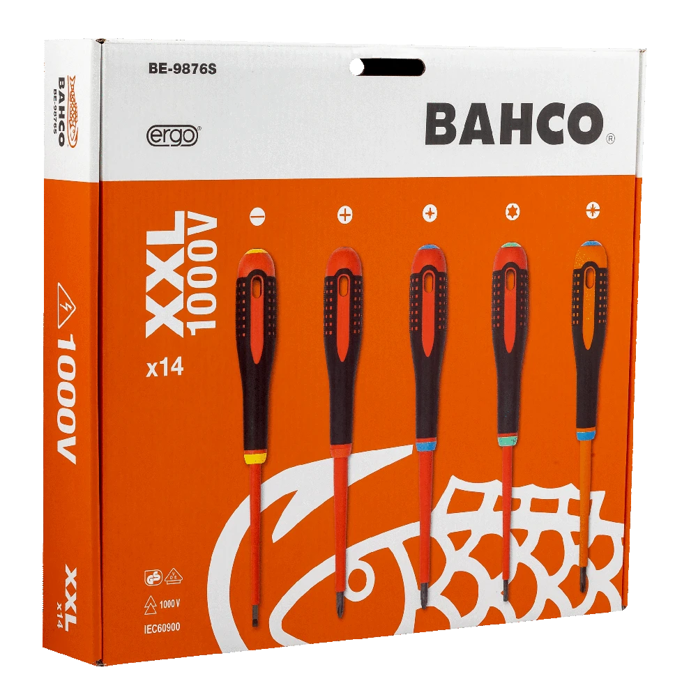 Bahco XXL Izoliuotų atsuktuvų rinkinys ERGO™ 14 vnt - SL2,5/3,0/3,5/4,0/5,5; PH1/2; PZ1/2; T10/15/20; Combi SL5/PZ1, SL6/PZ2 - 1000V VDE