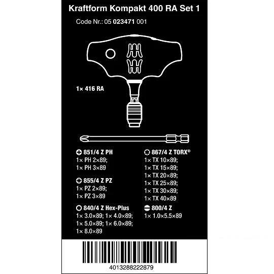 Terkšlinis atsuktuvas su antgaliais, 17vnt Wera Kraftform Kompakt 400 RA