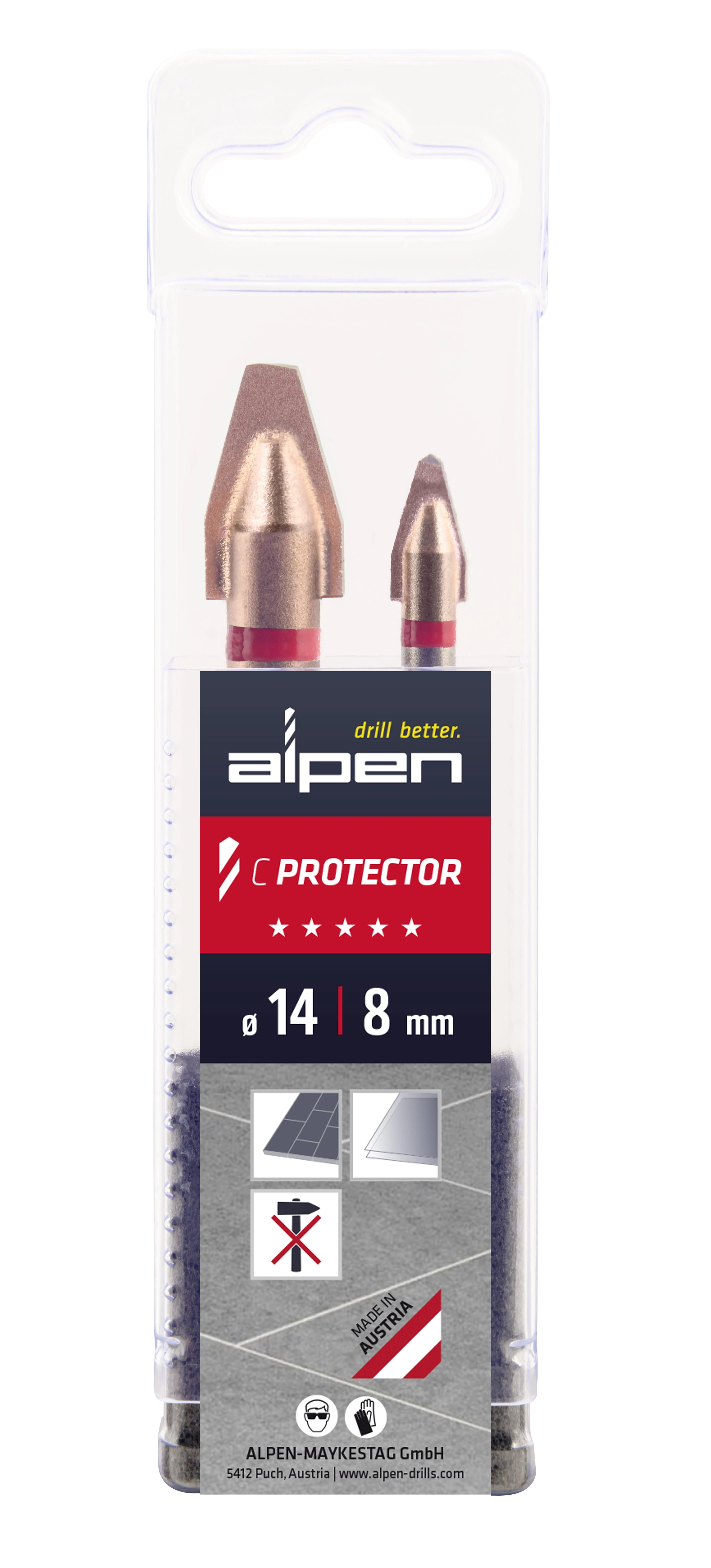 Grąžtas 2 grąžtų rinkinys labai kietoms akmens masės plytelėms, porcelianui ir stiklui (8 mm, 14 mm) C PROTECTOR ALPEN [0000303002100]