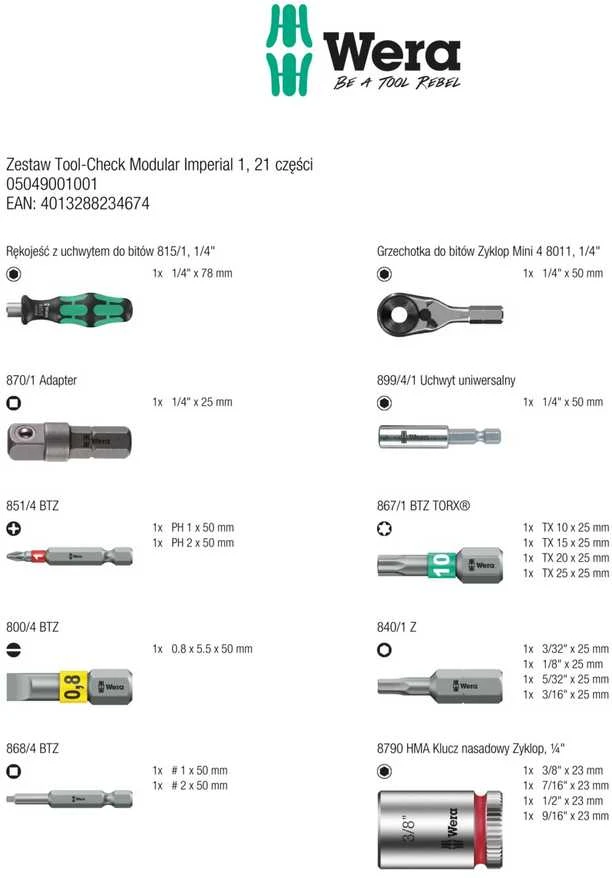 Grąžtas Galvučių su antgaliais rinkinys Wera Modular Imperial 1 WE05049001001; 21 vnt.