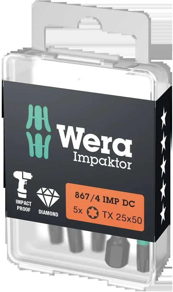 Grąžtas 5 vnt. Impaktor 1/4" smūginiai antgaliai TORX kištukiniams varžtams, dydis TX40/50mm, Wera [05057667001]