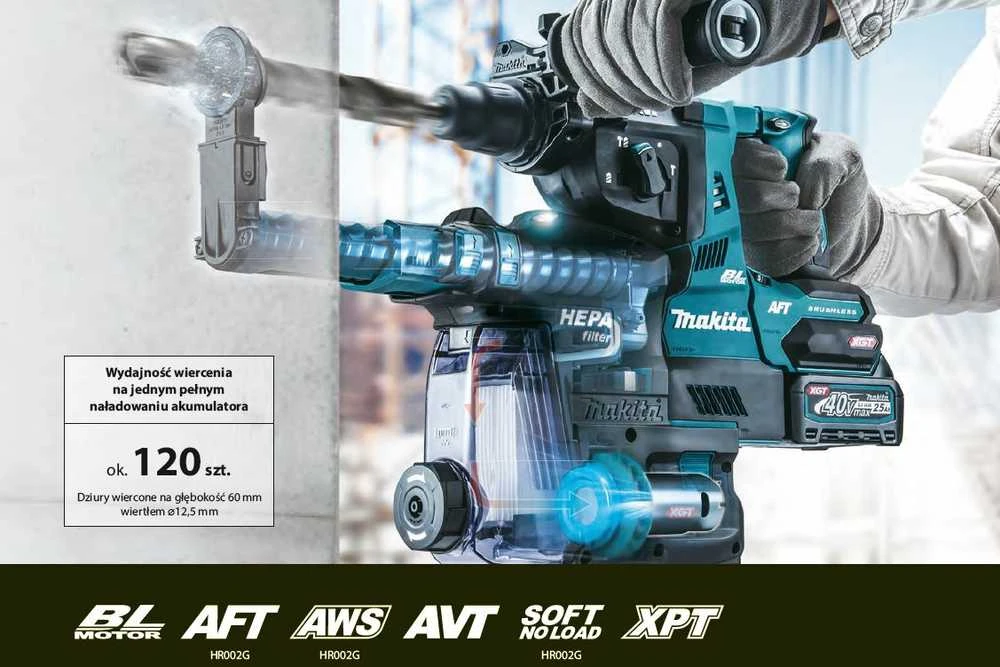 Makita HR004GZ01 Perforatorius XGT, 2,9 J, 28mm; 4,1kg, bešepetėlinis variklis, greitojo keitimo griebtuvas, AVT; XPT; "Z" versija - komplektuojamas be akumuliatoriaus ir kroviklio