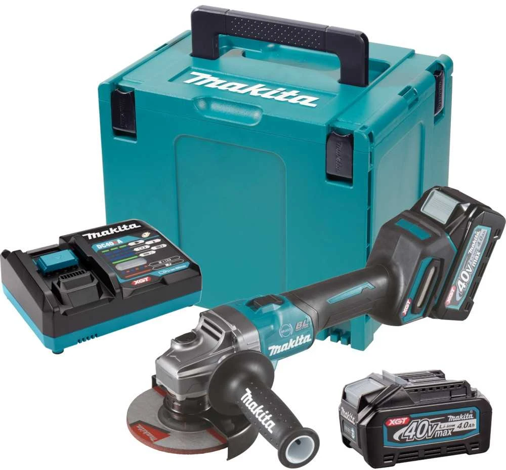 Makita GA005GM201 Kampinis šlifuoklis XGT, 125MM, 8500RPM; bešepetėlinis variklis, 2X4,0Ah; greitasis kroviklis; elektrinis stabdys; AFT; MAKPAC lagaminas; slankusis jungiklis