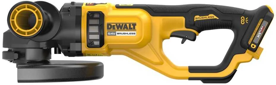 DeWALT 54V kampinis šlifuoklis, šoninis korpuso vaizdas