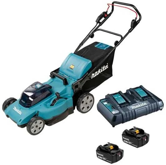 Akumuliatorinė vejapjovė Makita DLM480CT2 2x 18 V, 48 cm, DC18SH įkroviklis 2x 5,0 Ah Li-ion akumuliatioriams, 4/1 (Pjovimas/Surinkimas/Mulčiavimas/Galinis išmetimas), Plastikinis korpusas