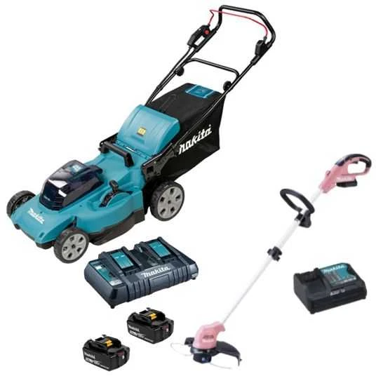 Akumuliatorinė vejapjovė Makita DLM480CT2 2x 18 V, 48 cm, DC18SH įkroviklis 2x 5,0 Ah Li-ion akumuliatioriams, 4/1 (Pjovimas/Surinkimas/Mulčiavimas/Galinis išmetimas), Plastikinis korpusas