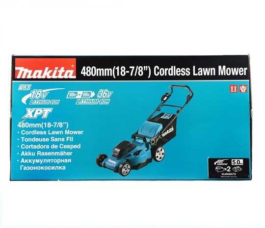 Akumuliatorinė vejapjovė Makita DLM480CT2 2x 18 V, 48 cm, DC18SH įkroviklis 2x 5,0 Ah Li-ion akumuliatioriams, 4/1 (Pjovimas/Surinkimas/Mulčiavimas/Galinis išmetimas), Plastikinis korpusas