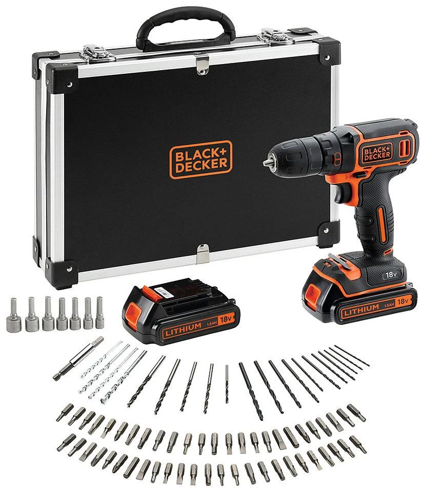 Akumuliatorinis gręžtuvas-suktuvas Black & Decker BDCDC18BAFC + 2x1.5Ah + antgalių rinkinys