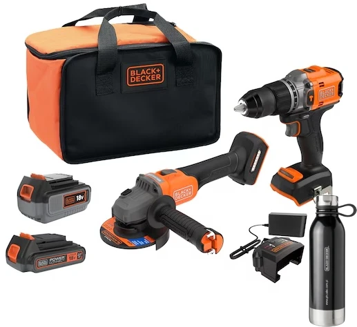 Black & Decker Rinkinys COMBO: wiertarko-wkrętarka smūginis 18 V + kampinis šlifuoklis 115 mm 18 V , 2 Ah i 4 Ah, Juodas & Decker [BCK24D1M1SB-QW] + bidon Dovana