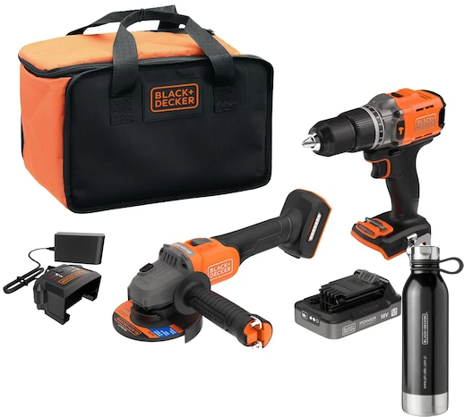 Black & Decker Rinkinys COMBO: Suktuvas - gręžtuvas smūginis + kampinis šlifuoklis 115 mm 18 V , 2,5 Ah, Juodas & Decker [BCK24E1SB-QW] + bidon Dovana