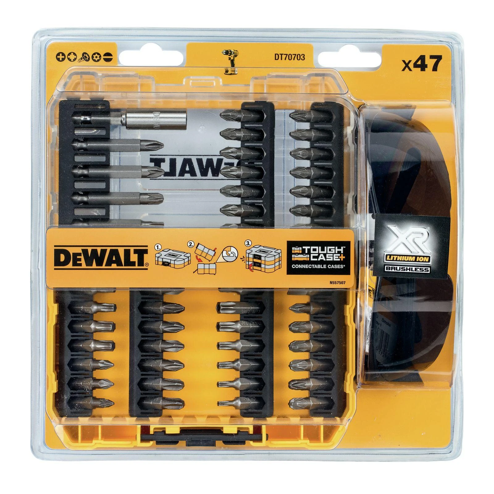 Sukimo antgalių komplektas DeWalt DT70703-QZ; 47 vnt. + akiniai nuo saulės