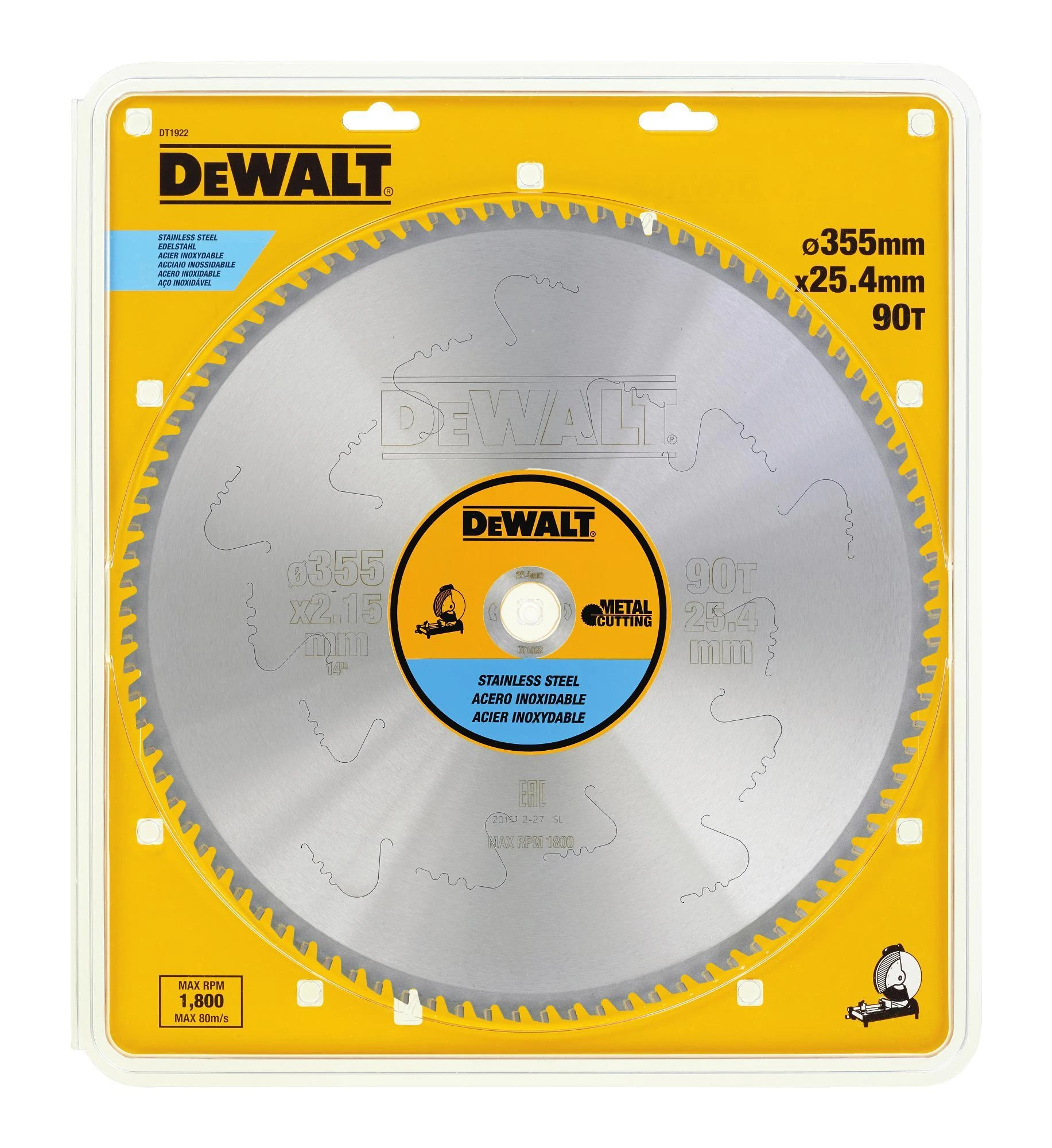 Pjovimo diskas metalui DeWalt; 355x2,15x25,4 mm; Z90; 10°