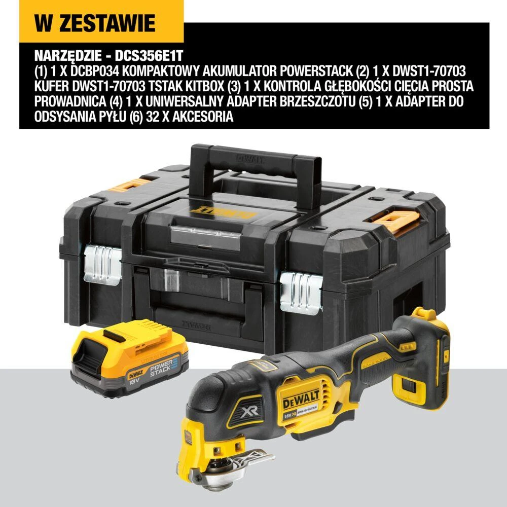DeWalt daugiafunkcinis įrankis 18V Li-Ion 2x1,7Ah POWERSTACK, DeWalt [DCS356E1T-XJ] 32 priedai