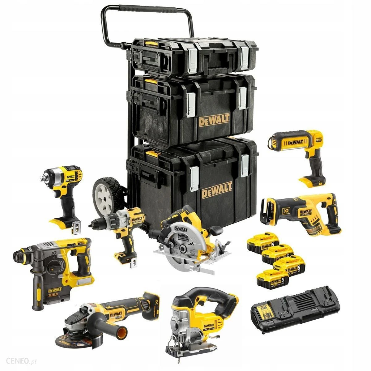 DeWalt įrankių rinkinys su transportavimo sistema