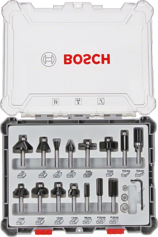 Bosch mišrių frezų rinkinys, 15vnt., 8 mm kotu