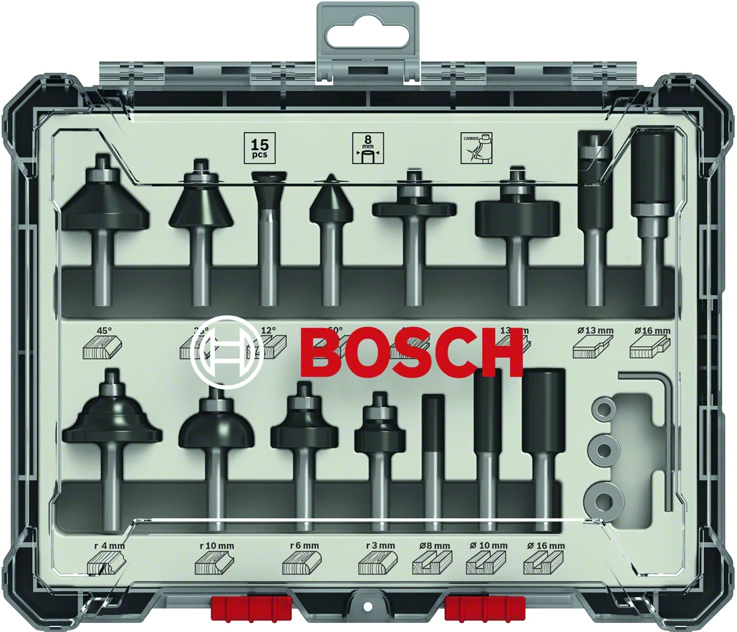 Bosch mišrių frezų rinkinys, 15vnt., 8 mm kotu