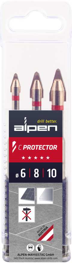 Grąžtas rinkinys: 3 vnt. grąžtai keramikai, porcelianui ir stiklui C PROTECTOR + 5 vnt Profi MultiCut PM-5 universalūs grąžtai, Alpen [0000303103100].