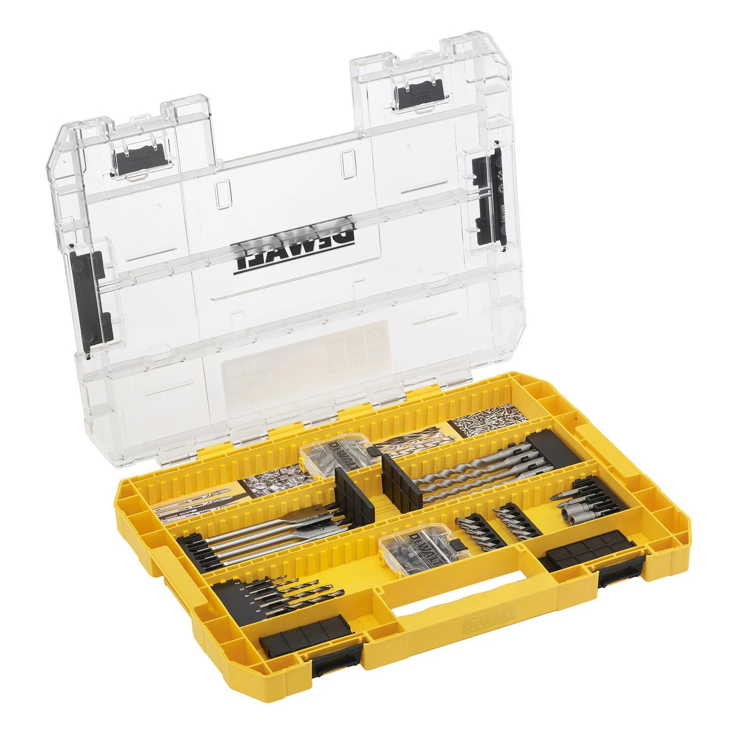 Grąžtas 85 vnt. rinkinys PH, PZ, TX antgaliai, grąžtai medienai, metalui ir betonui, didelis tvirtas dėklas, DEWALT [DT70762-QZ]