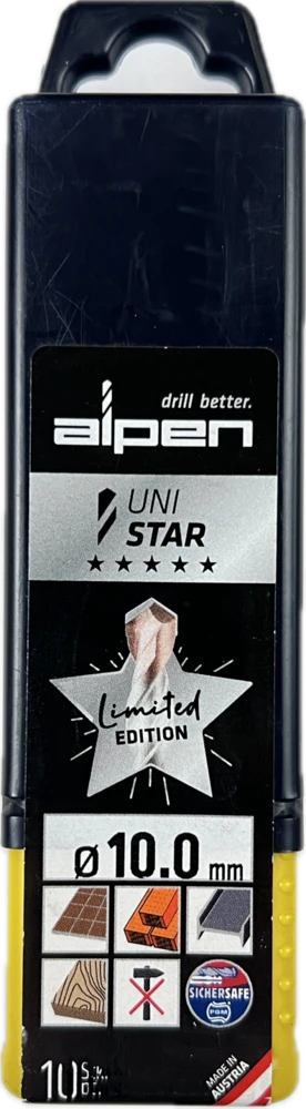universalus grąžtas 10,0 mm, su cilindriniu tvirtinimu, UNI STAR, Alpen [0017001000100] ribota versija