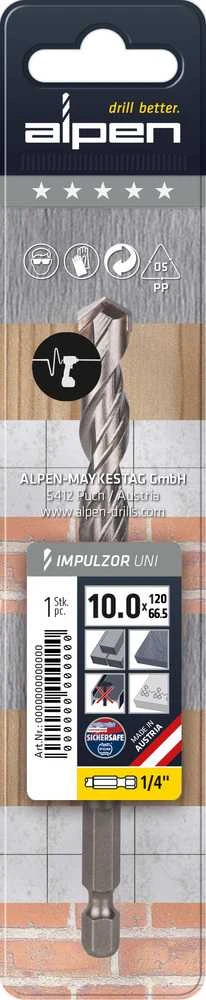 Universalus grąžtas 10,0 mm, 1/4 colio tvirtinimas, IMPULZOR ALPEN [0058101000100]
