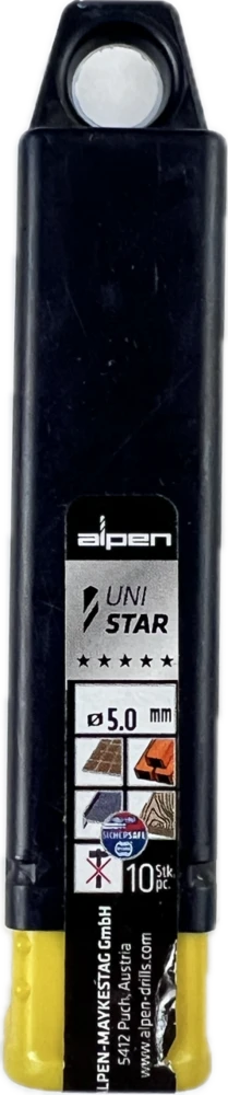 universalus grąžtas 5,0 mm, su cilindriniu tvirtinimu, UNI STAR, Alpen [0017000500100] ribota versija