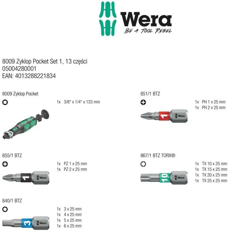 Grąžtas Antgalių rinkinys Wera 8009 Zyklop, 13vnt PH,PZ,TORX,HEX