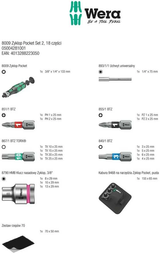 Wera 8009 Zyklop kišeninis rinkinys, 18vnt