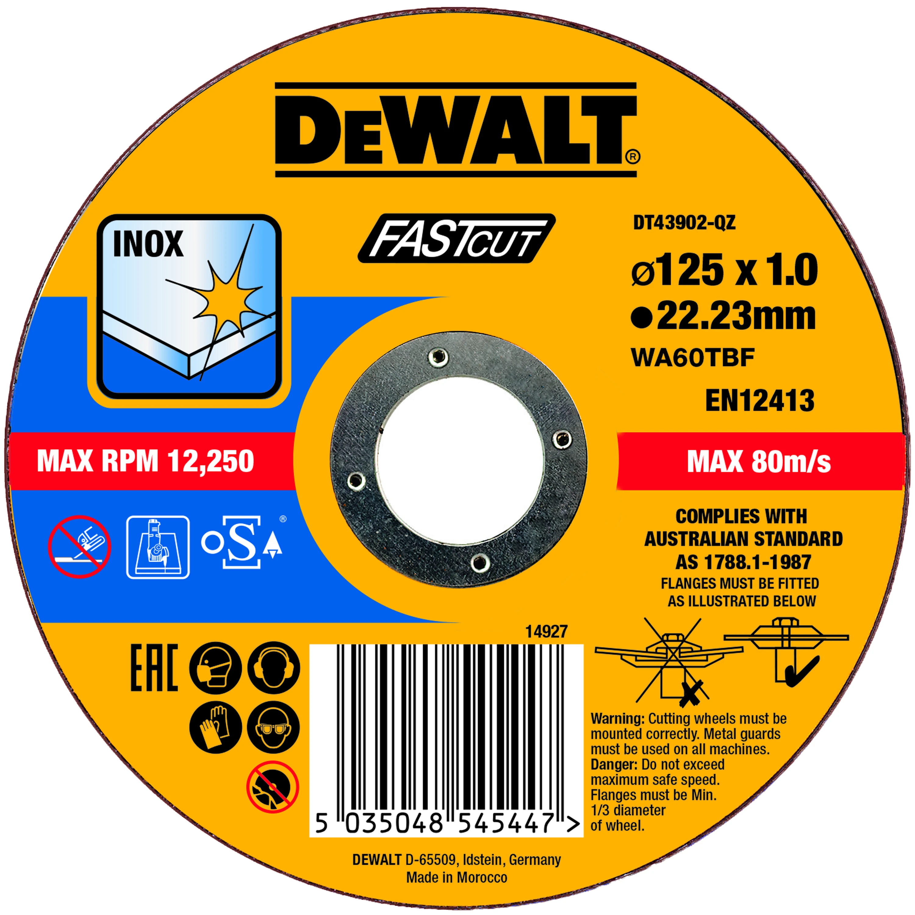DeWalt plonas greito pjovimo nerūdijančio plieno diskas 125X1X22,23 mm - 10 vnt. DT43972-QZ