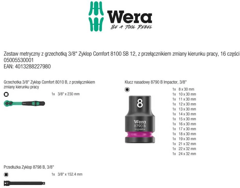 Įrankių komplektas Wera 8100 SB 12 Zyklop Comfort; 3/8''; 16 vnt.