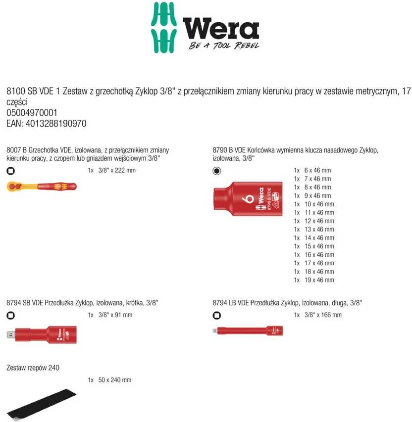 Terkšlės, galvų ir priedų rinkinys 1000V Wera VDE Zyklop, 3/8" tvirtinimas