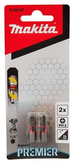 Makita Torsion sukimo antgalis (C-form), PH2-25mm, 2vnt. Impact Premier E-03137 PH2 • 25 mm • 1/4" • 2 Vnt.